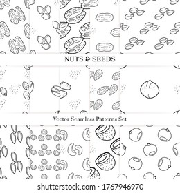 Nuts and seeds hand drawn vector seamless patterns set. Outline monochrome texture made in doodle style.Fruit background for package, merch, wallpaper, menu.