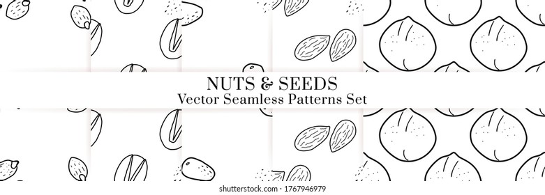 Nuts and seeds hand drawn vector seamless patterns set. Outline monochrome texture made in doodle style.Fruit background for package, merch, wallpaper, menu.