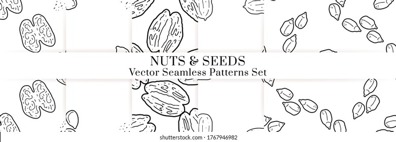 Nuts and seeds hand drawn vector seamless patterns set. Outline monochrome texture made in doodle style.Fruit background for package, merch, wallpaper, menu.