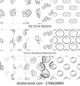 Nuts and seeds hand drawn vector seamless patterns set. Outline monochrome texture made in doodle style.Fruit background for package, merch, wallpaper, menu.