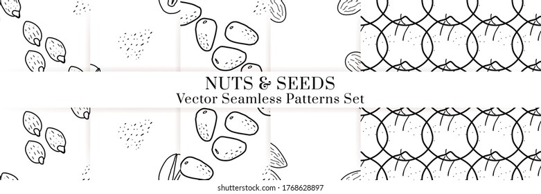 Nuts and seeds hand drawn vector seamless patterns set. Outline monochrome texture made in doodle style.Fruit background for package, merch, wallpaper, menu.