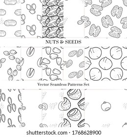 Nuts and seeds hand drawn vector seamless patterns set. Outline monochrome texture made in doodle style.Fruit background for package, merch, wallpaper, menu.