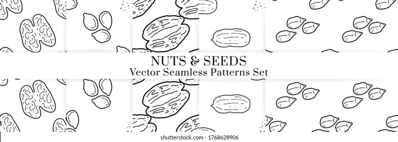 Nuts and seeds hand drawn vector seamless patterns set. Outline monochrome texture made in doodle style.Fruit background for package, merch, wallpaper, menu.