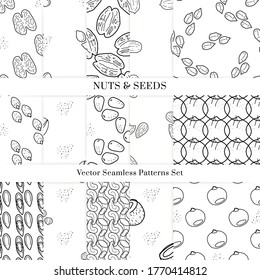 Nuts and seeds hand drawn vector seamless patterns set. Outline monochrome texture made in doodle style.Fruit background for package, merch, wallpaper, menu.