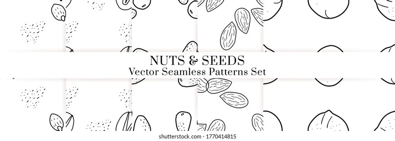 Nuts and seeds hand drawn vector seamless patterns set. Outline monochrome texture made in doodle style.Fruit background for package, merch, wallpaper, menu.