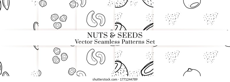 Nuts and seeds hand drawn vector seamless patterns set. Outline monochrome texture made in doodle style.Fruit background for package, merch, wallpaper, menu.