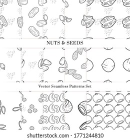 Nuts and seeds hand drawn vector seamless patterns set. Outline monochrome texture made in doodle style.Fruit background for package, merch, wallpaper, menu.