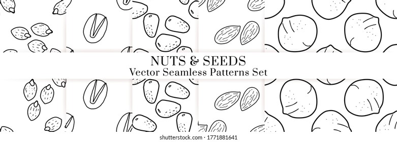 Nuts and seeds hand drawn vector seamless patterns set. Outline monochrome texture made in doodle style.Fruit background for package, merch, wallpaper, menu.