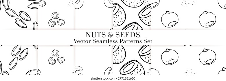 Nuts and seeds hand drawn vector seamless patterns set. Outline monochrome texture made in doodle style.Fruit background for package, merch, wallpaper, menu.