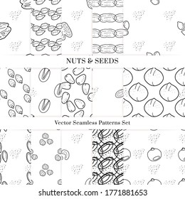 Nuts and seeds hand drawn vector seamless patterns set. Outline monochrome texture made in doodle style.Fruit background for package, merch, wallpaper, menu.