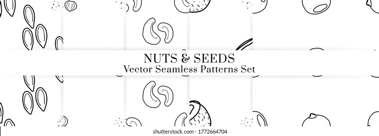 Nuts and seeds hand drawn vector seamless patterns set. Outline monochrome texture made in doodle style.Fruit background for package, merch, wallpaper, menu.