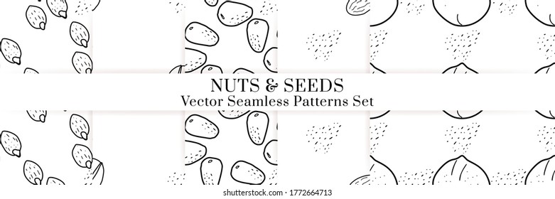 Nuts and seeds hand drawn vector seamless patterns set. Outline monochrome texture made in doodle style.Fruit background for package, merch, wallpaper, menu.