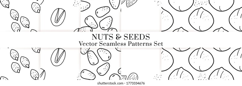 Nuts and seeds hand drawn vector seamless patterns set. Outline monochrome texture made in doodle style.Fruit background for package, merch, wallpaper, menu.