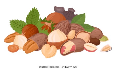 Nueces y semillas muy útiles. Alfombras de semillas crudas, almendras, maní, anacardos y nueces mezclados, dieta vegetariana mezcla orgánica ilustración vectorial plana. Mezcla de nueces orgánicas