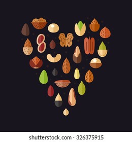Nuts and seeds heart vector background. Modern flat design. 