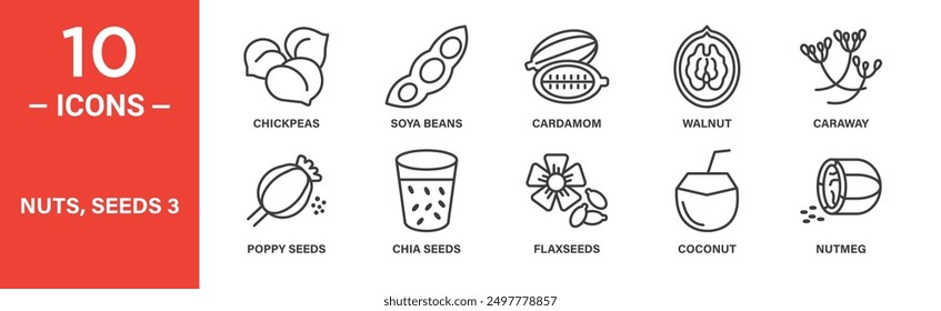 Nuts and seeds icon set. Chickpeas, soya beans, cardamom, walnut, caraway, icons. Outlined icon collection. Vector illustration.