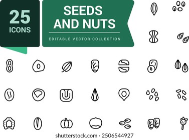 Nuts and seeds icon set. Includes almond, sesame seeds, coffee beans, macadamia. Pixel perfect, minimalistic web and UI icon. Outline icon collections.