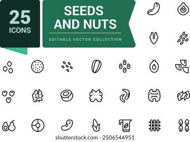 Nuts and seeds icon set. Includes almond, sesame seeds, coffee beans, macadamia. Pixel perfect, minimalistic web and UI icon. Outline icon collections.