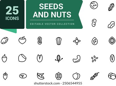 Nuts and seeds icon set. Includes almond, sesame seeds, coffee beans, macadamia. Pixel perfect, minimalistic web and UI icon. Outline icon collections.