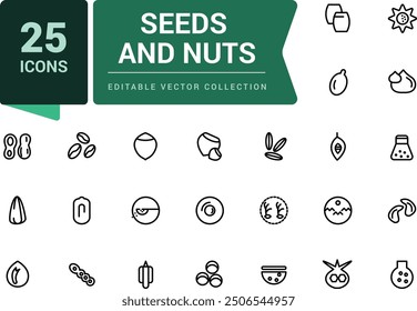 Nuts and seeds icon set. Includes almond, sesame seeds, coffee beans, macadamia. Pixel perfect, minimalistic web and UI icon. Outline icon collections.