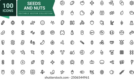 Nuts and seeds icon set. Includes almond, sesame seeds, coffee beans, macadamia. Pixel perfect, minimalistic web and UI icon. Outline icon collections.