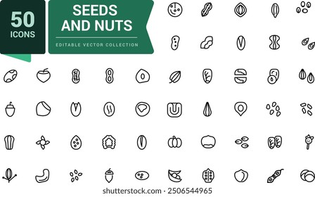 Nuts and seeds icon set. Includes almond, sesame seeds, coffee beans, macadamia. Pixel perfect, minimalistic web and UI icon. Outline icon collections.