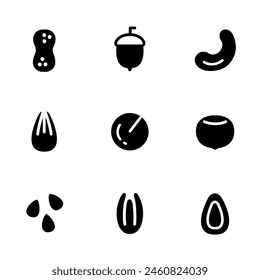 Nuts and seeds icon set. Nut mix set.  Almonds, Pistachios, Peanuts, Acorns, Walnuts, Macadamia, Hazelnuts. Monochrome style. Vector illustration isolated on white background