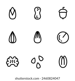 Nuts and seeds icon set. Outline set of nut vector icons for web design isolated on white background. Line icons, isolated vector clip art illustration.