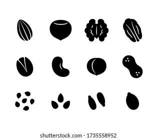 Nuts and seeds icon set. Solid black cartoon style icons, isolated vector clip art illustration.