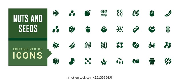 Nuts and seeds icon set. Solid icons pack. Solid icon set. Glyph icon set for web and ui. Filled icon set, editable stroke. Vector illustration.