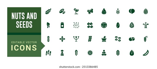 Nuts and seeds icon set. Solid icons pack. Solid icon set. Glyph icon set for web and ui. Filled icon set, editable stroke. Vector illustration.