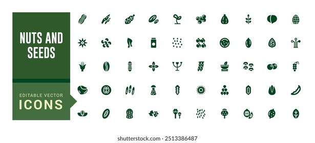 Nuts and seeds icon set. Solid icons pack. Solid icon set. Glyph icon set for web and ui. Filled icon set, editable stroke. Vector illustration.