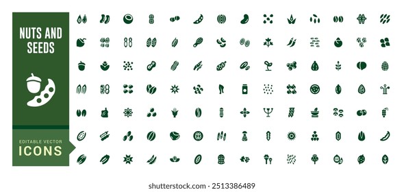 Nuts and seeds icon set. Solid icons pack. Solid icon set. Glyph icon set for web and ui. Filled icon set, editable stroke. Vector illustration.