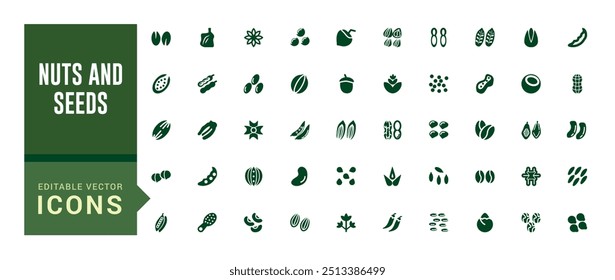 Nuts and seeds icon set. Solid icons pack. Solid icon set. Glyph icon set for web and ui. Filled icon set, editable stroke. Vector illustration.