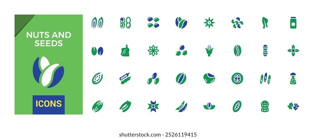 Nuts, seeds icon set. Solid two tone color style icons. Plant based diet ingredients. Solid Nuts icon collection. 