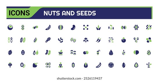 Nuts, seeds icon set. Solid two tone color style icons. Plant based diet ingredients. Solid Nuts icon collection. 