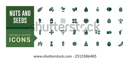 Nuts and seeds icon set. Solid icons pack. Solid icon set. Glyph icon set for web and ui. Filled icon set, editable stroke. Vector illustration.