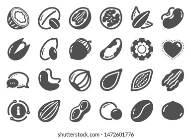 Nuts and seeds icons. Hazelnut, Almond nut and Peanut. Sunflower and pumpkin seeds, Brazil nut, Pistachio icons. Walnut, Coconut and Cashew nuts. Pecan, peas, macadamia. Quality set. Vector