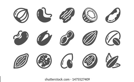 Nuts and seeds icons. Hazelnut, Almond nut and Peanut. Sunflower seeds, Brazil nut, Pistachio icons. Walnut, Coconut and Cashew nuts. Classic set. Quality set. Vector