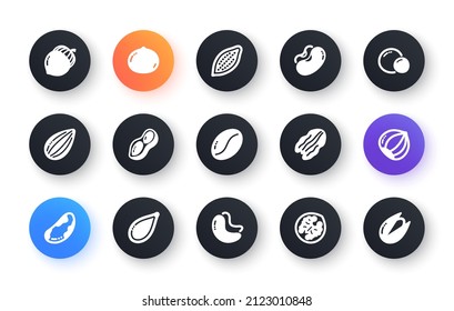 Nuts and seeds icons. Hazelnut, Almond nut and Peanut. Walnut, Brazil nut, Pistachio icons. Cacao and Cashew nuts. Classic set. Circle web buttons. Vector