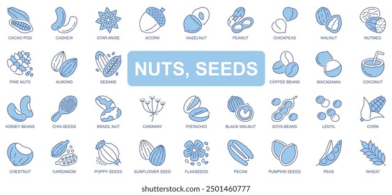 Nuts and seeds icons set in duotone outline stroke design for web. Pack pictograms of cacao, cashew, star anise, acorn, hazelnut, peanut, chickpea, almond, coffee bean, other. Vector illustration.