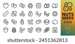 Nuts and seeds isolated icons set. Set of hazelnut, walnut, pumpkin seeds, peanuts, pistachio, sunflower seed, cashew, coffee beans, almond, flaxseed, macadamia, acorn, pine nuts, cocoa vector icon