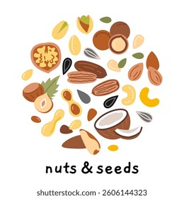 Nuts, seeds and kernelsset in circle shape. Ideal for healthy eating, natural food and organic product concepts. Trendy modern vector illustration isolated on white, hand drawn, flat design