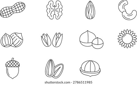 Nuts seeds line art icon collection for healthy food design projects