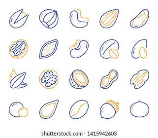 Nuts and seeds line icons. Hazelnut, Almond nut and Peanut. Sunflower and pumpkin seeds, Brazil nut, Pistachio icons. Walnut, Coconut and Cashew nuts. Pecan, peas, macadamia. Vector