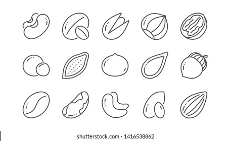 Nuts and seeds line icons. Hazelnut, Almond nut and Peanut. Walnut, Brazil nut, Pistachio icons. Cacao and Cashew nuts. Linear set. Vector