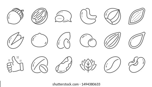 Nuts and seeds line icons. Hazelnut, Almond nut and Peanut. Walnut, Brazil nut, Pistachio icons. Cacao and Cashew nuts. Linear set. Quality line set. Vector