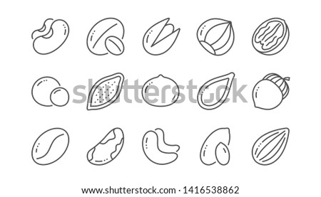 Nuts and seeds line icons. Hazelnut, Almond nut and Peanut. Walnut, Brazil nut, Pistachio icons. Cacao and Cashew nuts. Linear set. Vector