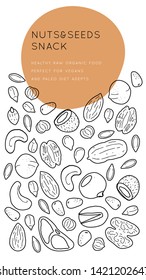 Nuts and seeds  line silhouettes. Vector vertical with place for text. Flyer, booklet advertising and design.