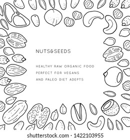 Nuts and seeds  line silhouettes. Vector background pattern with place for text. Flyer, booklet advertising and design.